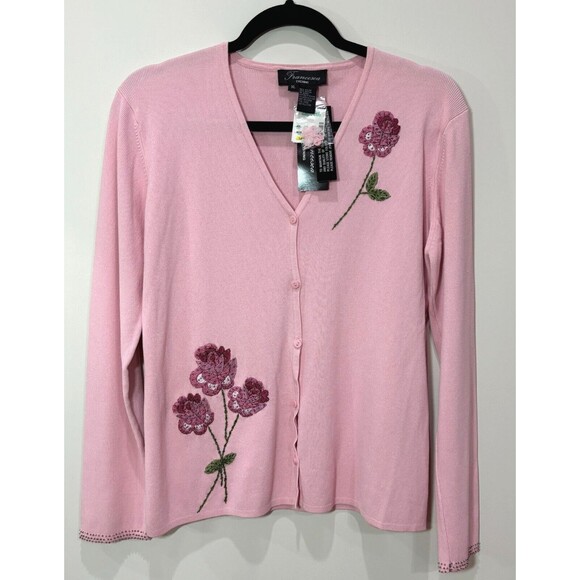 Y2K Francesca Evening Embroidered Cardigan Pink Floral sz XL Cottagecore Granny - Picture 1 of 10